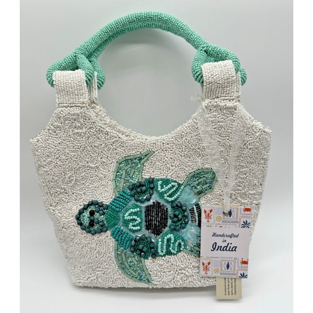 Viral Made in India Sea Turtle Beaded Shoulder Bag Blue White Coastal Purse
